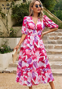 Women's Floral Midi Dress – V Neck Puff Sleeve Gathered Waist Summer Garden Party