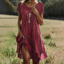 Women's Floral Midi Dress – V Neck Short Sleeve Hi Low Hem Boho Summer Casual