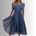 Women's Lace Midi Dress – Sheer Floral Bodice Half Sleeve Wedding Guest