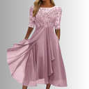 Women's Lace Midi Dress – Sheer Floral Bodice Half Sleeve Wedding Guest