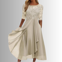 Women's Lace Midi Dress – Sheer Floral Bodice Half Sleeve Wedding Guest