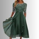 Women's Lace Midi Dress – Sheer Floral Bodice Half Sleeve Wedding Guest