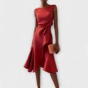Women's Solid Midi Dress – Boat Neck Draped Waist Asymmetric Ruffle Hem