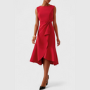 Women's Solid Midi Dress – Boat Neck Draped Waist Asymmetric Ruffle Hem