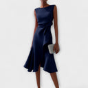 Women's Solid Midi Dress – Boat Neck Draped Waist Asymmetric Ruffle Hem