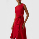 Women's Solid Midi Dress – Boat Neck Draped Waist Asymmetric Ruffle Hem