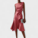Women's Solid Midi Dress – Boat Neck Draped Waist Asymmetric Ruffle Hem