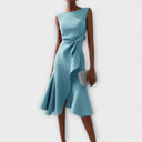 Women's Solid Midi Dress – Boat Neck Draped Waist Asymmetric Ruffle Hem