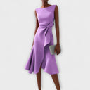 Women's Solid Midi Dress – Boat Neck Draped Waist Asymmetric Ruffle Hem
