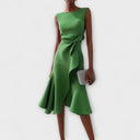 Women's Solid Midi Dress – Boat Neck Draped Waist Asymmetric Ruffle Hem