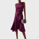 Women's Solid Midi Dress – Boat Neck Draped Waist Asymmetric Ruffle Hem