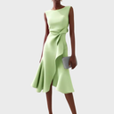 Women's Solid Midi Dress – Boat Neck Draped Waist Asymmetric Ruffle Hem