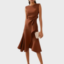 Women's Solid Midi Dress – Boat Neck Draped Waist Asymmetric Ruffle Hem