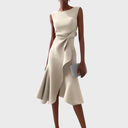 Women's Solid Midi Dress – Boat Neck Draped Waist Asymmetric Ruffle Hem