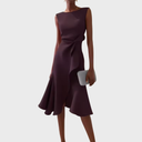 Women's Solid Midi Dress – Boat Neck Draped Waist Asymmetric Ruffle Hem