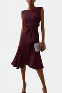 Women's Solid Midi Dress – Boat Neck Draped Waist Asymmetric Ruffle Hem