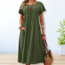 Women's Solid Midi Dress – Round Neck Pintuck Bodice Short Sleeve Pockets
