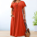 Women's Solid Midi Dress – Round Neck Pintuck Bodice Short Sleeve Pockets