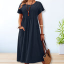 Women's Solid Midi Dress – Round Neck Pintuck Bodice Short Sleeve Pockets
