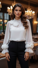 Women's 3D Rose Sheer Blouse – Mock Neck Long Sleeve Floral Applique Dressy Top