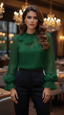 Women's 3D Rose Sheer Blouse – Mock Neck Long Sleeve Floral Applique Dressy Top