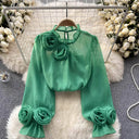 Women's 3D Rose Sheer Blouse – Mock Neck Long Sleeve Floral Applique Dressy Top