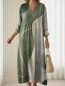 Women's Abstract Color Block Maxi Dress – V Neck 3/4 Sleeve Casual Everyday Dress