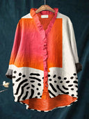 Women's Abstract Color Block Print Blouse – Ruffle V Neck Long Sleeve Casual Everyday Top
