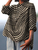 Women's Abstract Curve Stripe Print Blouse – Band Neck Long Sleeve Casual Everyday Top