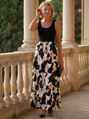 Women's Abstract Floral Maxi – Scoop Neck Sleeveless Contrast Bodice Evening Dress