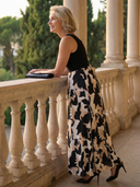 Women's Abstract Floral Maxi – Scoop Neck Sleeveless Contrast Bodice Evening Dress