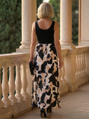 Women's Abstract Floral Maxi – Scoop Neck Sleeveless Contrast Bodice Evening Dress