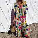 Women's Abstract Floral Maxi – V Neck Short Sleeve Tiered Summer Vacation Dress