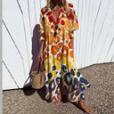 Women's Abstract Floral Maxi – V Neck Short Sleeve Tiered Summer Vacation Dress
