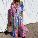 Women's Abstract Floral Maxi – V Neck Short Sleeve Tiered Summer Vacation Dress