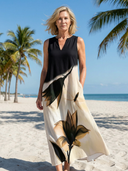Women's Abstract Floral Maxi – V Neck Sleeveless Contrast Bodice Pocket Beach Summer Dress