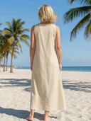 Women's Abstract Floral Maxi – V Neck Sleeveless Contrast Bodice Pocket Beach Summer Dress