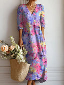 Women's Abstract Floral Print Maxi – V Neck Long Sleeve Casual Everyday Dress