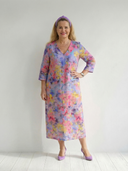 Women's Abstract Floral Print Midi – V Neck 3/4 Sleeve Column Hem Relaxed Casual Dress