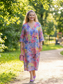 Women's Abstract Floral Print Midi – V Neck 3/4 Sleeve Column Hem Relaxed Casual Dress