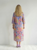 Women's Abstract Floral Print Midi – V Neck 3/4 Sleeve Column Hem Relaxed Casual Dress