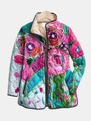 Women's Abstract Floral Quilted Jacket – Stand Collar Snap Front Long Sleeve Spring Coat