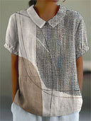 Women's Abstract Geometric Print Top – Collared Short Sleeve Casual Everyday Shirt