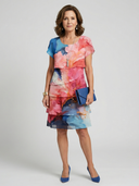 Women's Abstract Marble Print Chiffon Midi – Round Neck Short Sleeve Tiered Wedding Guest Dress