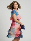 Women's Abstract Marble Print Chiffon Midi – Round Neck Short Sleeve Tiered Wedding Guest Dress