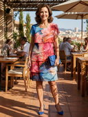 Women's Abstract Marble Print Chiffon Midi – Round Neck Short Sleeve Tiered Wedding Guest Dress