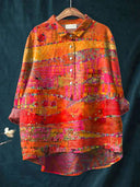 Women's Abstract Mixed Media Print Blouse – Collared Long Sleeve Casual Everyday Button Top
