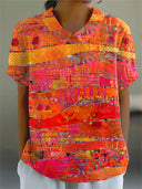 Women's Abstract Mixed Media Print Top – Collared Short Sleeve Casual Everyday Shirt