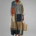 Women's Abstract Patchwork Print Midi – V Neck Long Sleeve Casual Summer Dress