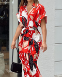 Women's Abstract Maxi Dress – Collar Short Sleeve Button Down Tie Waist